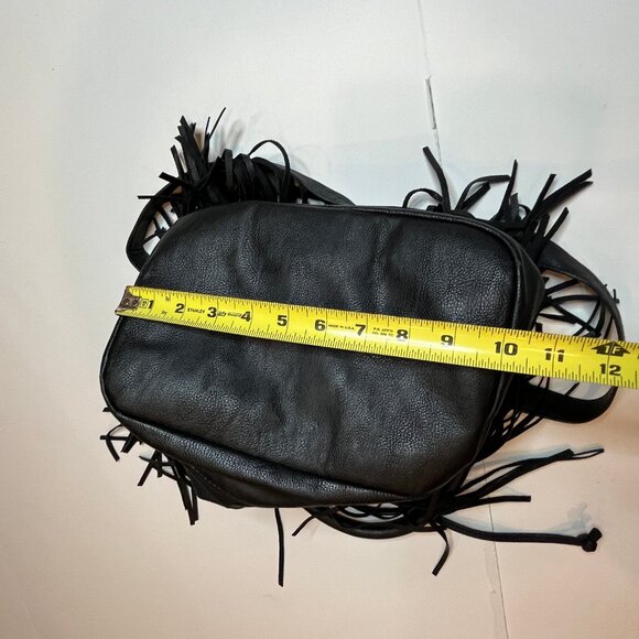H&M Black Leather Fringe Bucket Bag Handbag Crossbody Boho Carry-All Drawstring - Picture 10 of 12